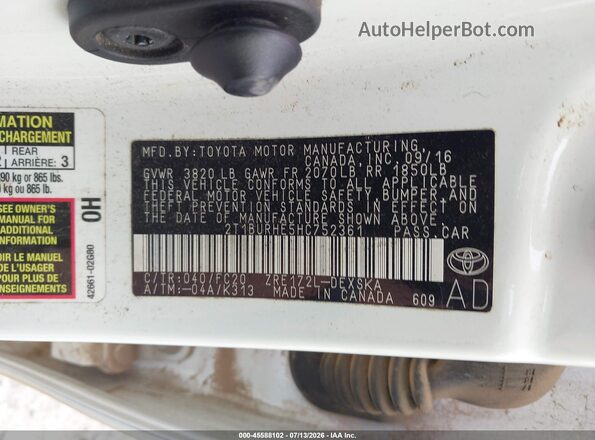 2T1BURHE5HC752361 2017 TOYOTA COROLLA White Widok komory silnika