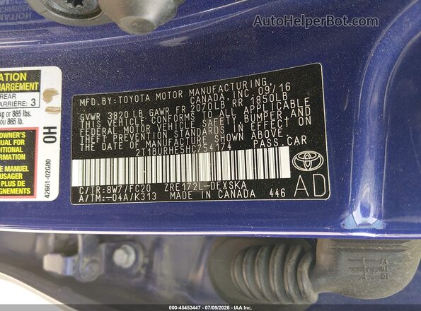 2T1BURHE5HC754174 2017 TOYOTA COROLLA Синий Вид подкапотного пространства