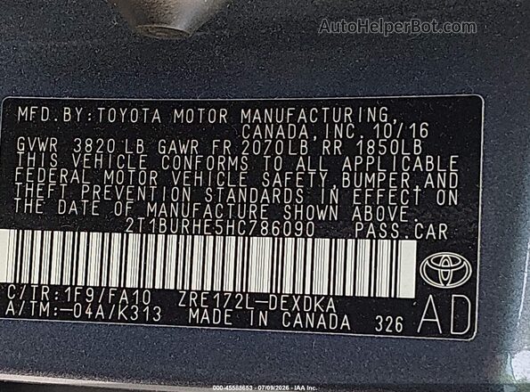 2T1BURHE5HC786090 2017 TOYOTA COROLLA Gray Вид підкапотного простору