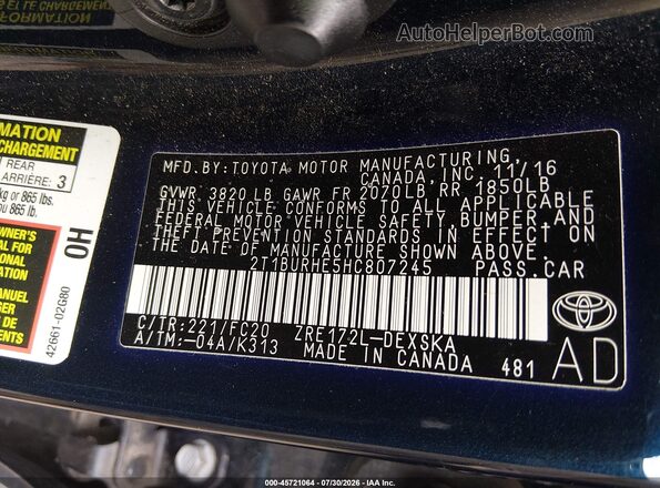 2T1BURHE5HC807245 2017 TOYOTA COROLLA Blue Շարժիչի բաժամունքի տեսք
