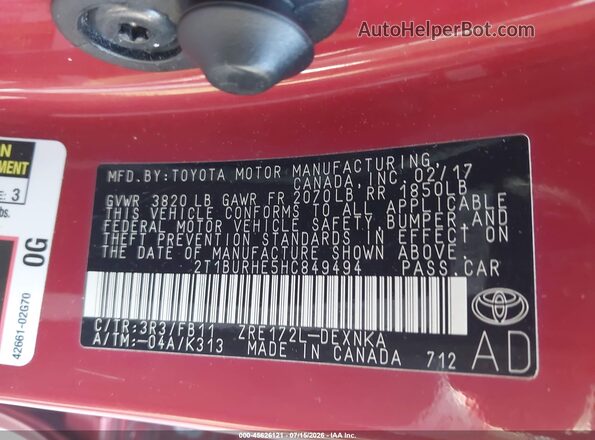 2T1BURHE5HC849494 2017 TOYOTA COROLLA Красный Вид подкапотного пространства