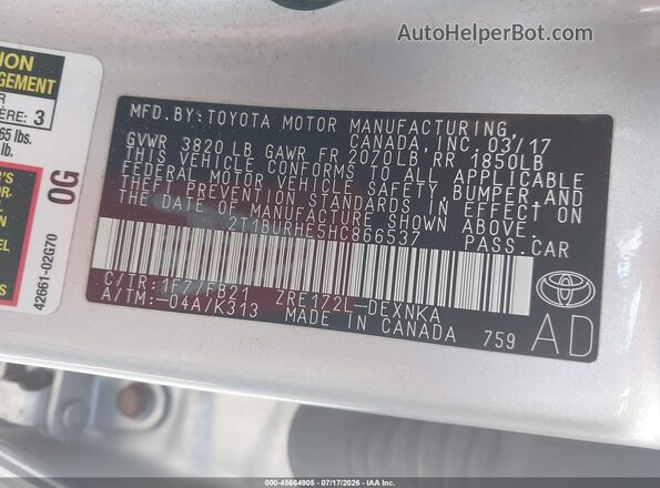 2T1BURHE5HC866537 2017 TOYOTA COROLLA Серый Вид подкапотного пространства