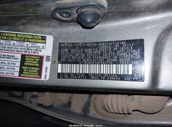 2T1BURHE5HC895794 2017 TOYOTA COROLLA Brown Вид підкапотного простору