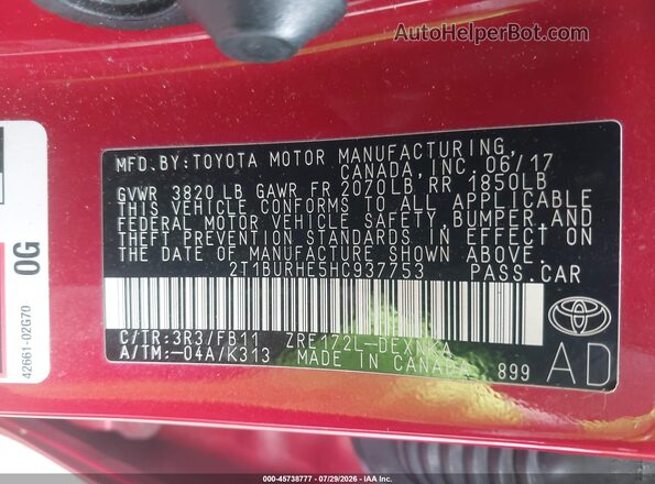 2T1BURHE5HC937753 2017 TOYOTA COROLLA Red Widok komory silnika