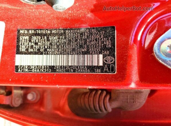 2T1BURHE5HC949353 2017 TOYOTA COROLLA Red Vista de la etiqueta del VIN