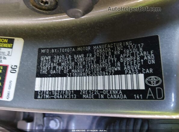 2T1BURHE5JC009477 2018 TOYOTA COROLLA Серый Вид подкапотного пространства