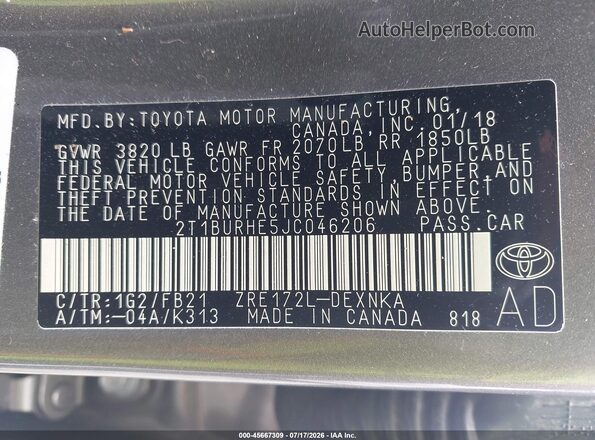 2T1BURHE5JC046206 2018 TOYOTA COROLLA Champagne Вид подкапотного пространства