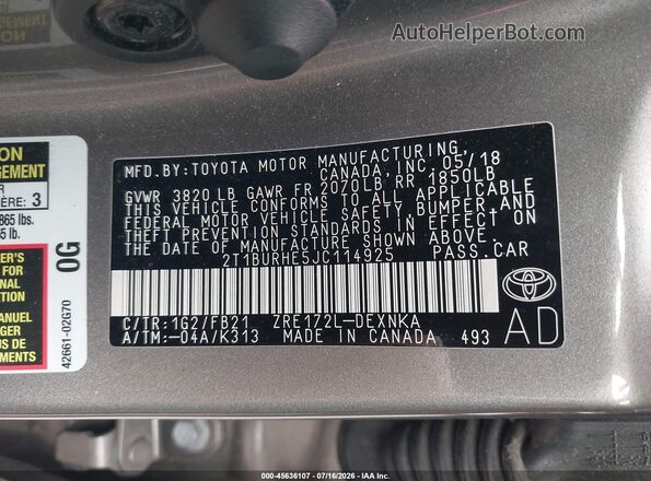 2T1BURHE5JC114925 2018 TOYOTA COROLLA Gray Engine compartment view