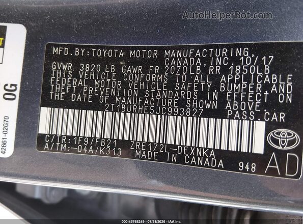 2T1BURHE5JC993827 2018 TOYOTA COROLLA Gray Engine compartment view