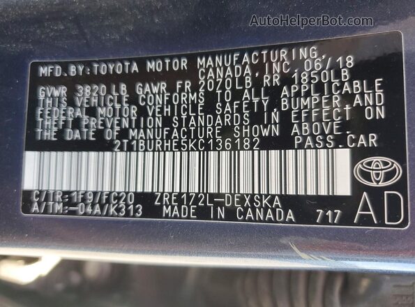 2T1BURHE5KC136182 2019 TOYOTA COROLLA Gray Вид наклейки з VIN-кодом