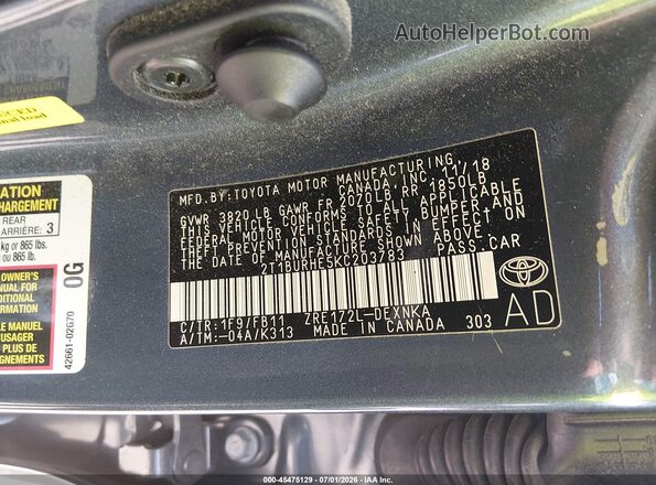 2T1BURHE5KC203783 2019 TOYOTA COROLLA Серый Вид подкапотного пространства