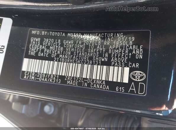 2T1BURHE5KC238131 2019 TOYOTA COROLLA Black Widok komory silnika