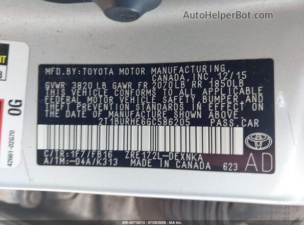 2T1BURHE6GC586205 2016 TOYOTA COROLLA Silver Vista del compartimento del motor