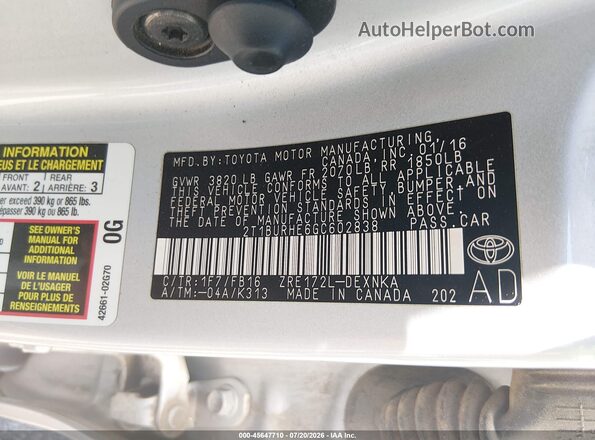 2T1BURHE6GC602838 2016 TOYOTA COROLLA Silver Vista del compartimento del motor