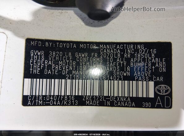 2T1BURHE6GC614021 2016 TOYOTA COROLLA White Engine compartment view