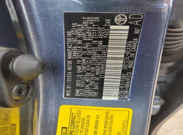 2T1BURHE6GC648539 2016 TOYOTA COROLLA Gray Vista de la etiqueta del VIN