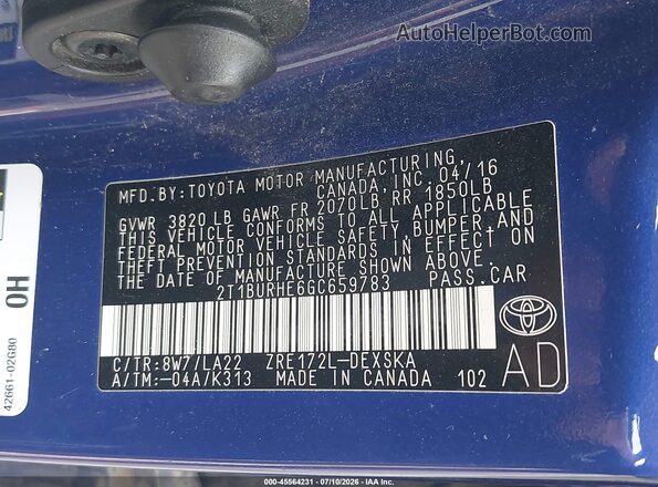 2T1BURHE6GC659783 2016 TOYOTA COROLLA Blue Engine compartment view