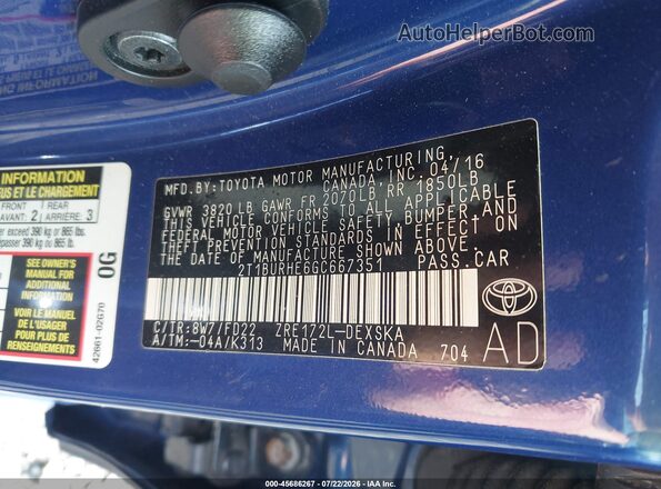 2T1BURHE6GC667351 2016 TOYOTA COROLLA Blue Vista del compartimento del motor