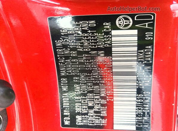 2T1BURHE6GC670606 2016 TOYOTA COROLLA Red Շարժիչի բաժամունքի տեսք