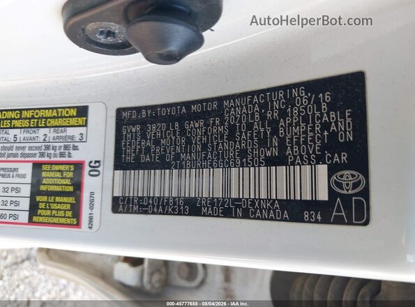 2T1BURHE6GC691505 2016 TOYOTA COROLLA White ძრავის განყოფილების ხედი