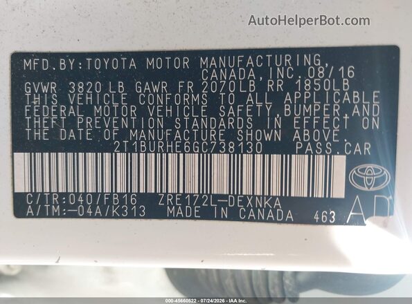 2T1BURHE6GC738130 2016 TOYOTA COROLLA White Vista del compartimento del motor