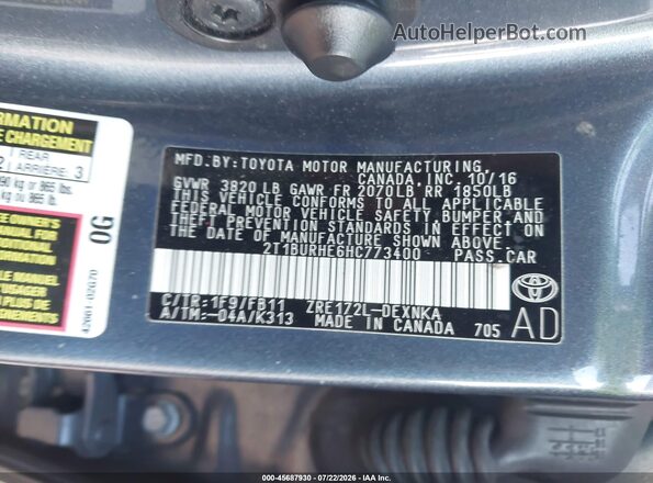 2T1BURHE6HC773400 2017 TOYOTA COROLLA Серый Вид подкапотного пространства