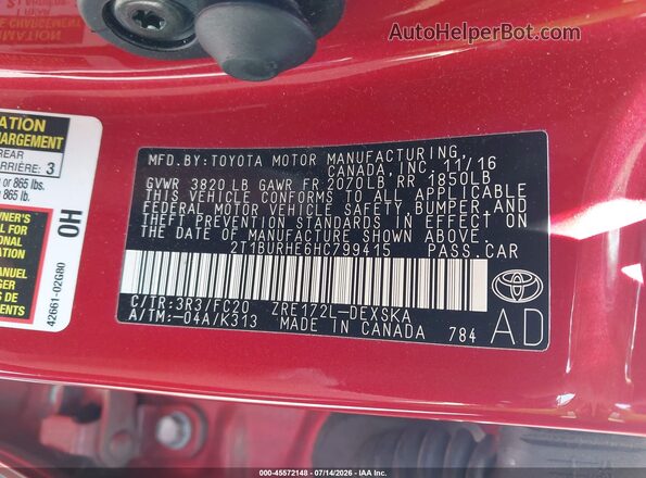 2T1BURHE6HC799415 2017 TOYOTA COROLLA Красный Вид подкапотного пространства