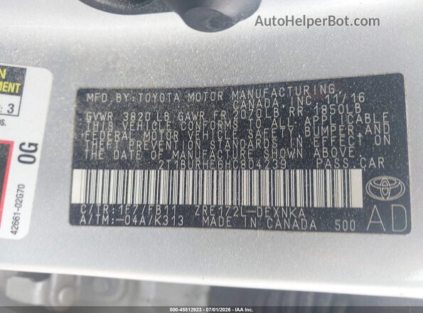 2T1BURHE6HC804239 2017 TOYOTA COROLLA Silver Widok komory silnika