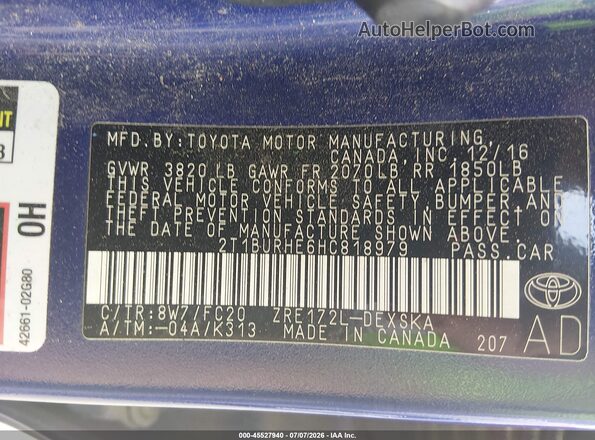 2T1BURHE6HC818979 2017 TOYOTA COROLLA Blue Widok komory silnika