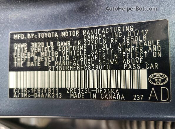 2T1BURHE6HC839010 2017 TOYOTA COROLLA Teal VIN sticker view