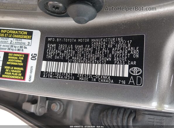 2T1BURHE6HC876512 2017 TOYOTA COROLLA Gray Вид підкапотного простору