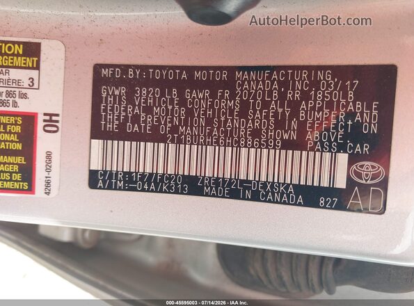 2T1BURHE6HC886599 2017 TOYOTA COROLLA Серебряный Вид подкапотного пространства
