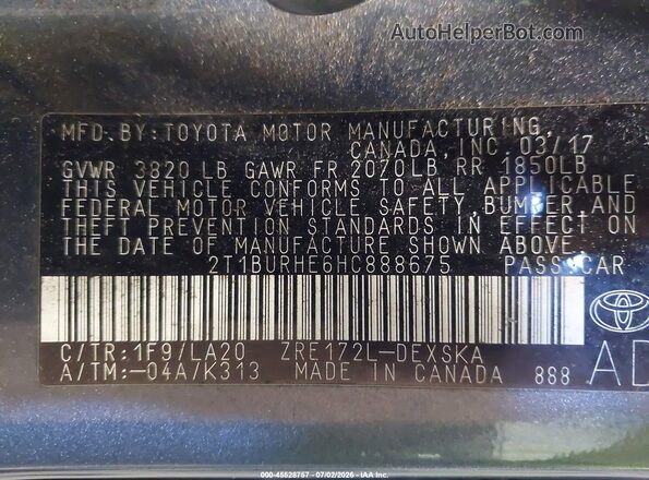 2T1BURHE6HC888675 2017 TOYOTA COROLLA Gray Vista del compartimento del motor