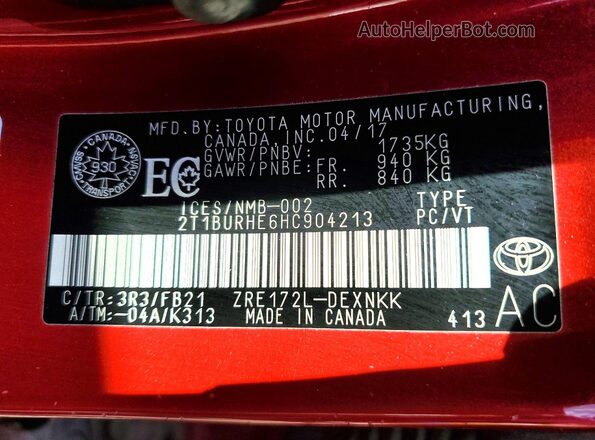 2T1BURHE6HC904213 2017 TOYOTA COROLLA Красный Панорамный вид салона 360°