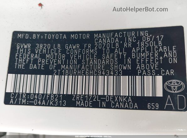 2T1BURHE6HC943433 2017 TOYOTA COROLLA White Widok komory silnika