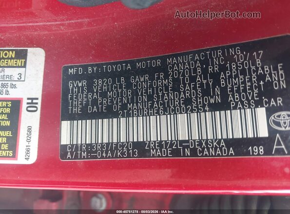 2T1BURHE6JC002554 2018 TOYOTA COROLLA Red Շարժիչի բաժամունքի տեսք