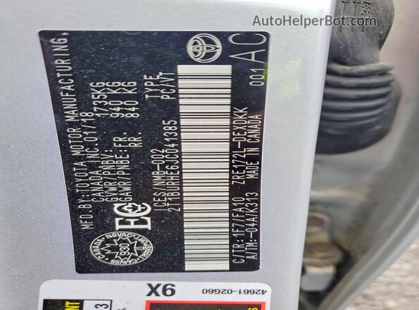 2T1BURHE6JC041385 2018 TOYOTA COROLLA Silver Widok naklejki z numerem VIN