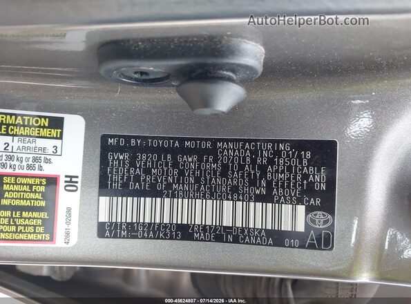 2T1BURHE6JC048403 2018 TOYOTA COROLLA Gray Vista del compartimento del motor