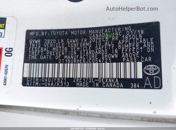 2T1BURHE6JC054721 2018 TOYOTA COROLLA White Widok komory silnika