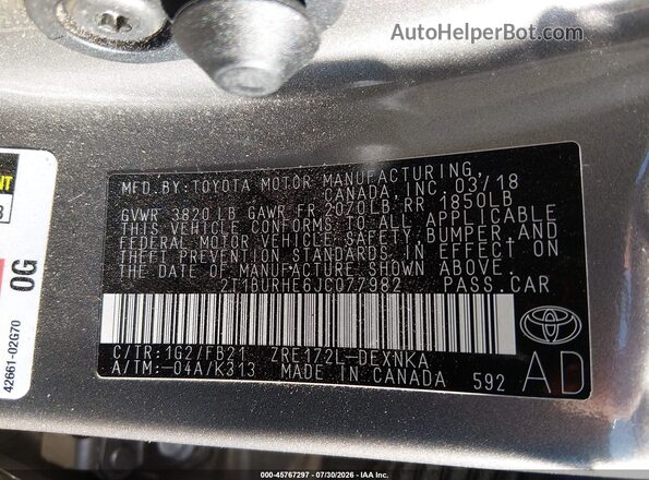 2T1BURHE6JC077982 2018 TOYOTA COROLLA Gray Widok komory silnika