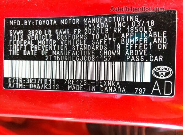 2T1BURHE6JC081157 2018 TOYOTA COROLLA Red Engine compartment view