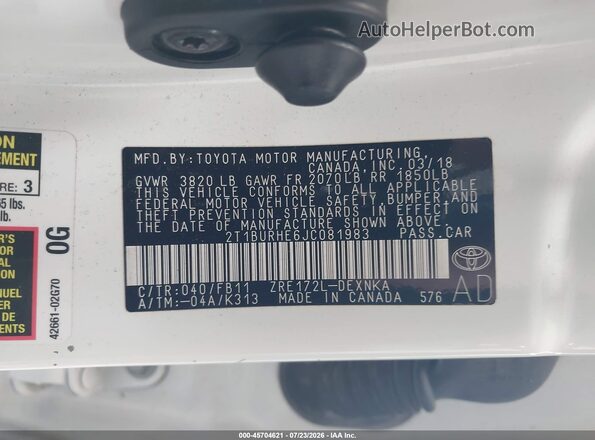 2T1BURHE6JC081983 2018 TOYOTA COROLLA White Vista del compartimento del motor