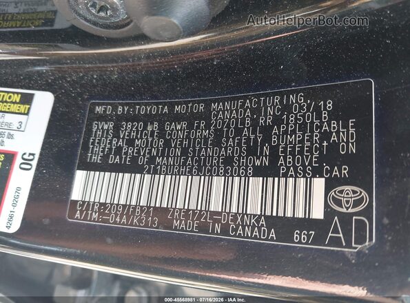 2T1BURHE6JC083068 2018 TOYOTA COROLLA Черный Вид подкапотного пространства
