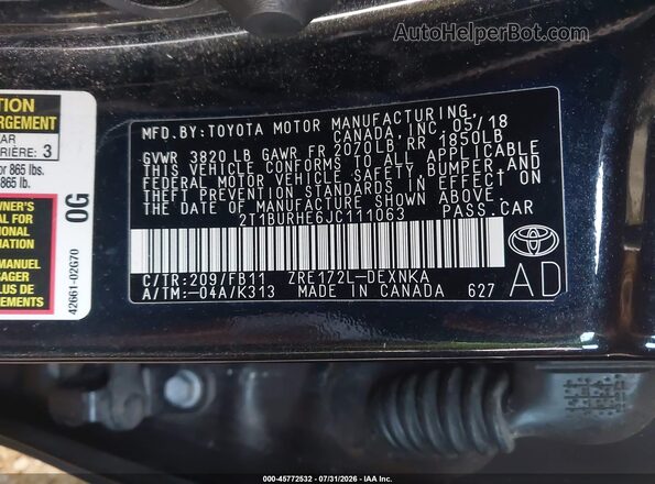 2T1BURHE6JC111063 2018 TOYOTA COROLLA Черный Вид подкапотного пространства