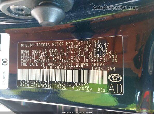 2T1BURHE6JC978737 2018 TOYOTA COROLLA Blue Widok komory silnika