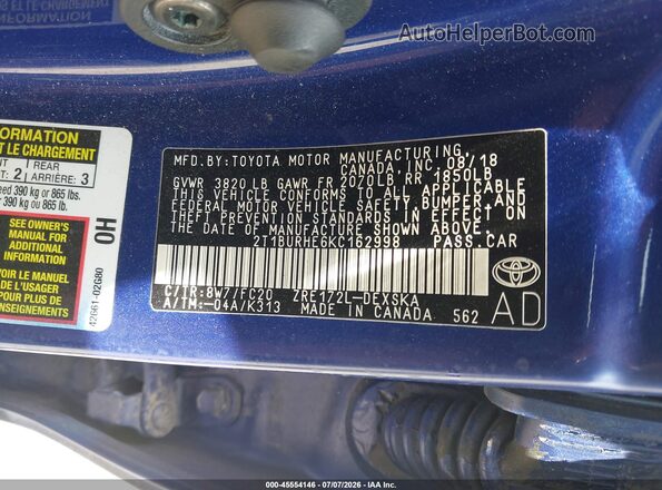 2T1BURHE6KC162998 2019 TOYOTA COROLLA Синий Вид подкапотного пространства