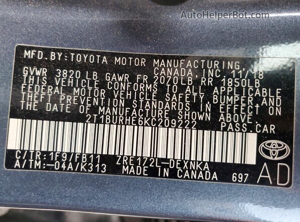 2T1BURHE6KC209222 2019 TOYOTA COROLLA Серый Вид наклейки с VIN-кодом