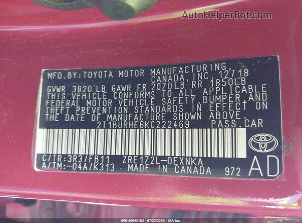 2T1BURHE6KC222469 2019 TOYOTA COROLLA Red ძრავის განყოფილების ხედი