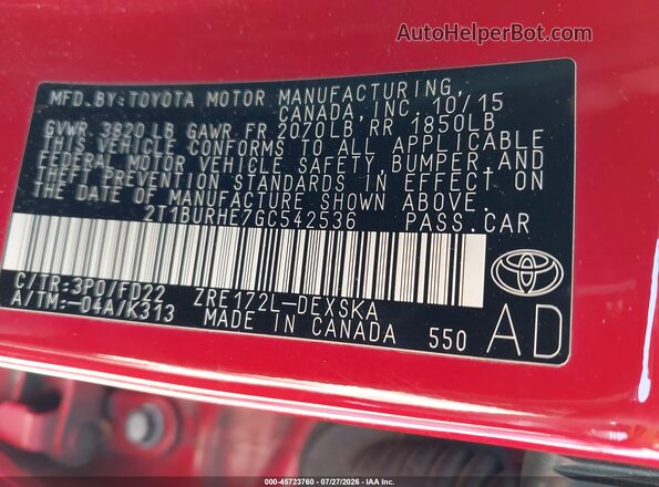 2T1BURHE7GC542536 2016 TOYOTA COROLLA Red Engine compartment view