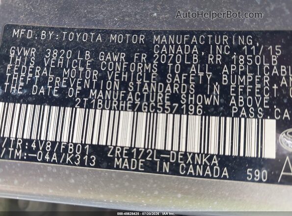 2T1BURHE7GC557196 2016 TOYOTA COROLLA Gray Vista del compartimento del motor